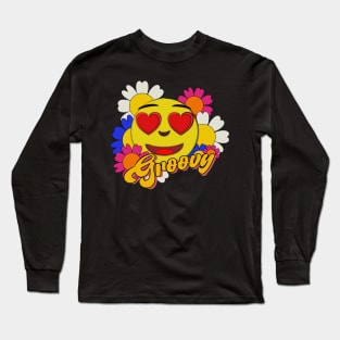 Groovy happy face with flowers Long Sleeve T-Shirt